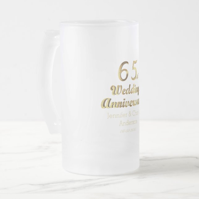 65th Sapphire Wedding Anniversary Gold Typography Frosted Glass Beer Mug (Front Left)