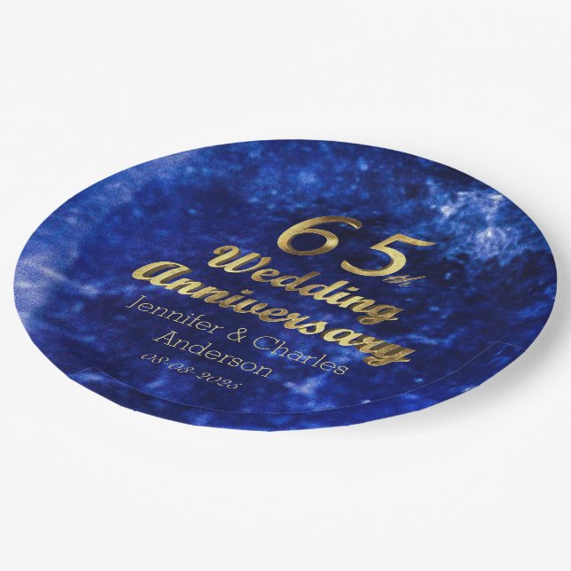 65th Sapphire Wedding Anniversary Gold Typography Paper Plates (Angled)
