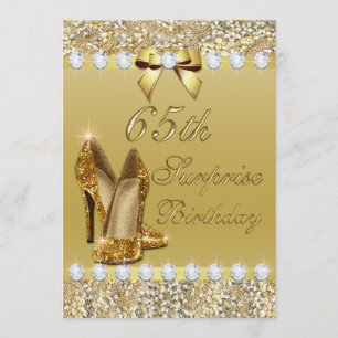 65th Surprise Birthday Gold Heels Sequins Diamonds Invitation