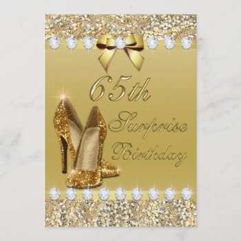 65th Surprise Birthday Gold Heels Sequins Diamonds Invitation by GroovyGraphics at Zazzle