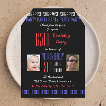 65th Surprise Birthday Party For Men His Pictures Invitation by henishouseofpaper at Zazzle