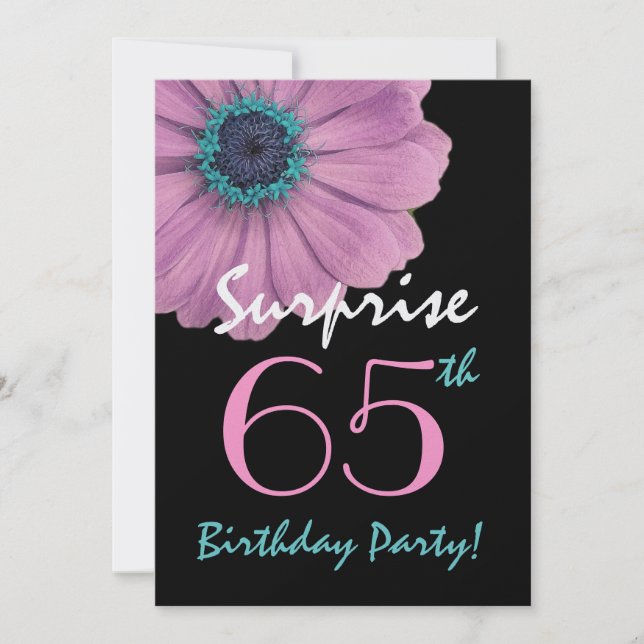 65th Surprise Birthday Pretty Pink Daisy Metallic Invitation (Front)