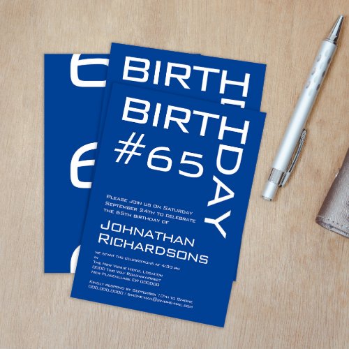 65th typography minimalist blue modern birthday invitation