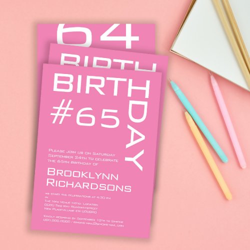 65th typography minimalist pink modern birthday invitation