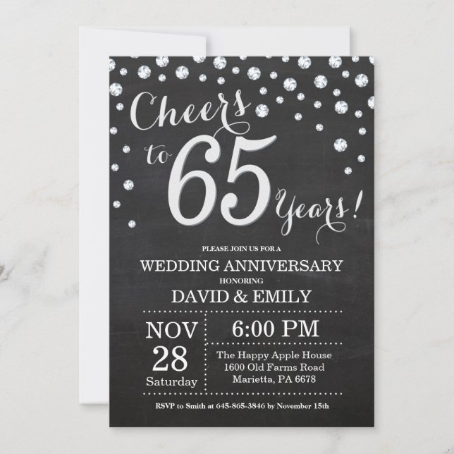 65th Wedding Anniversary Chalkboard Black Silver Invitation (Front)