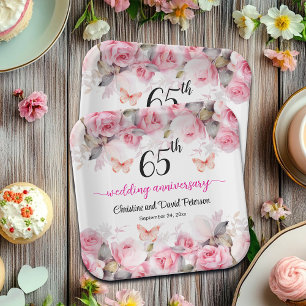 65th Wedding Anniversary Elegant Blush Roses Paper Plates