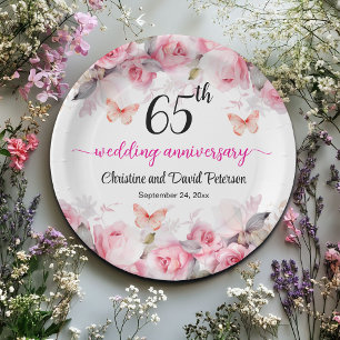 65th Wedding Anniversary Elegant Blush Roses Paper Plates