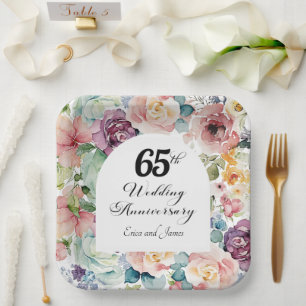 65th Wedding Anniversary Elegant Script Floral Paper Plates