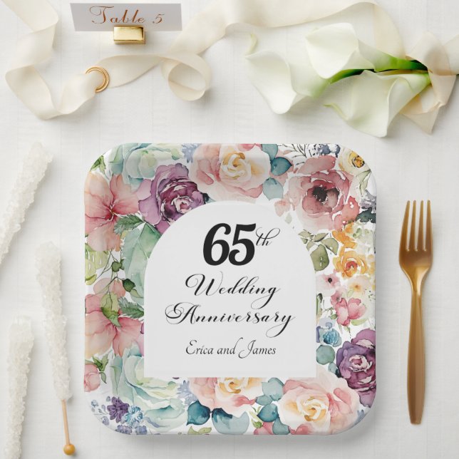 65th Wedding Anniversary Elegant Script Floral Paper Plates (Wedding)