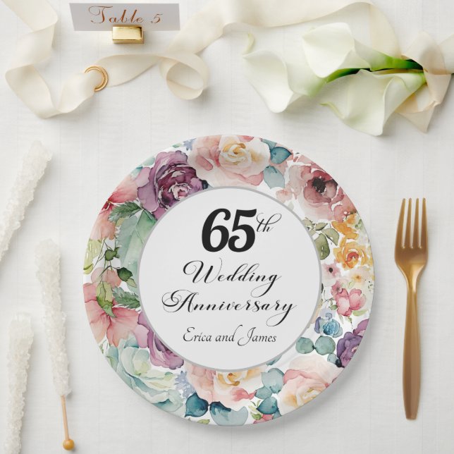 65th Wedding Anniversary Elegant Script Floral Paper Plates (Wedding)