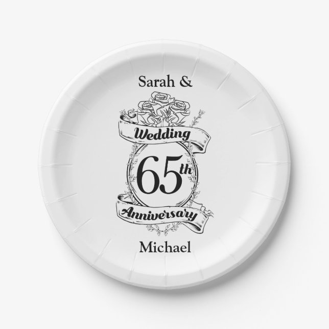 65th Wedding Anniversary Flowers Paper Plates (Front)