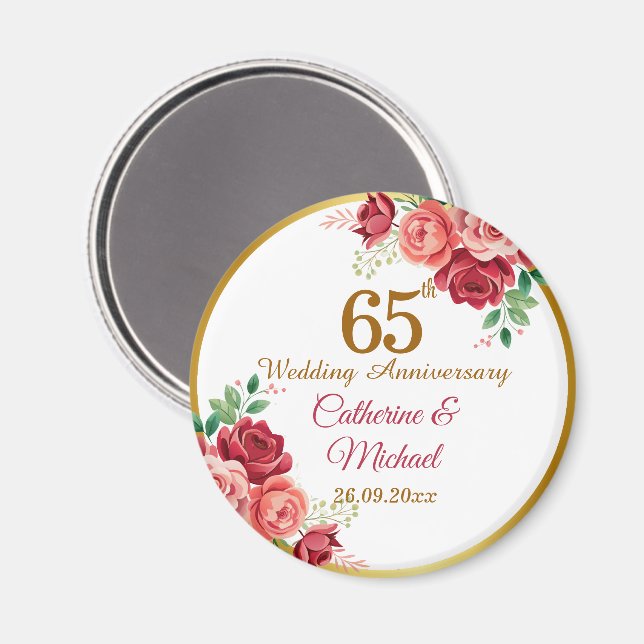 65th Wedding Anniversary Gold Frame Floral Magnet (Front/Back)