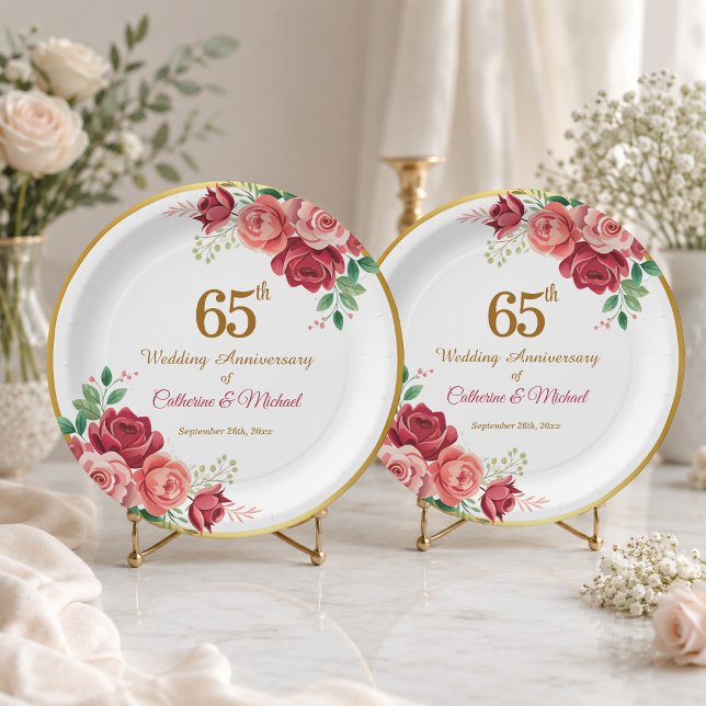 65th Wedding Anniversary Gold Frame Floral Paper Plates (Creator Uploaded)