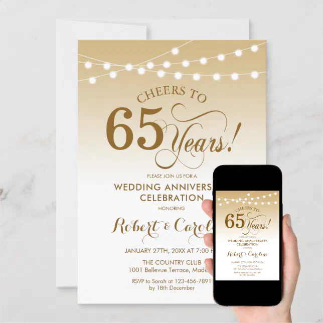 65th Wedding Anniversary - Gold White Invitation 