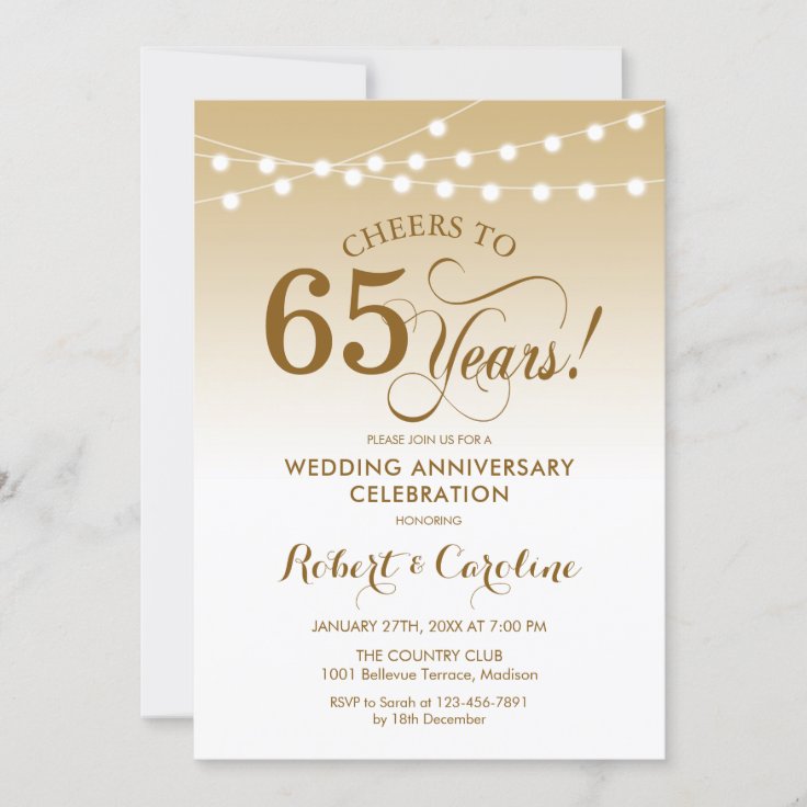 65th Wedding Anniversary - Gold White Invitation | Zazzle