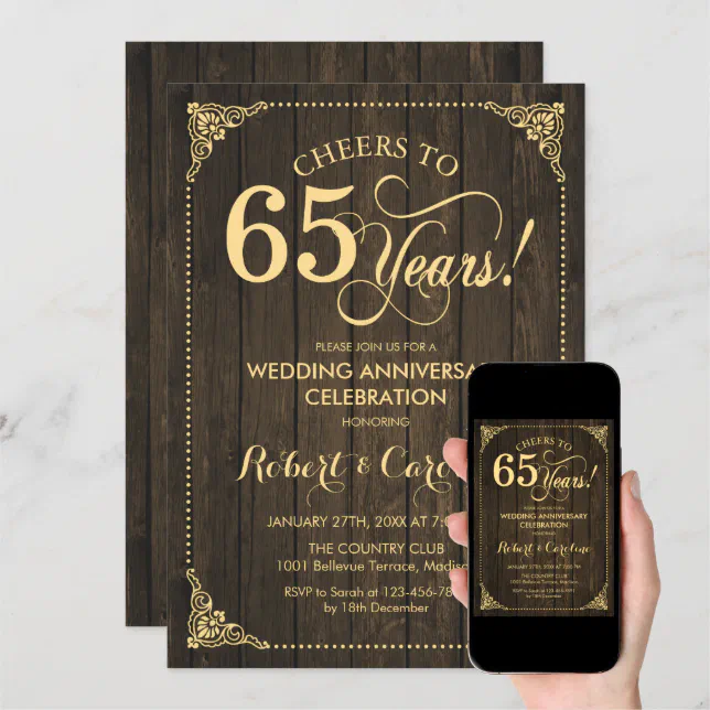 65th Wedding Anniversary - Gold Wood Invitation | Zazzle