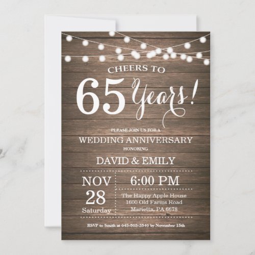 65th Wedding Anniversary Invitation Rustic Wood