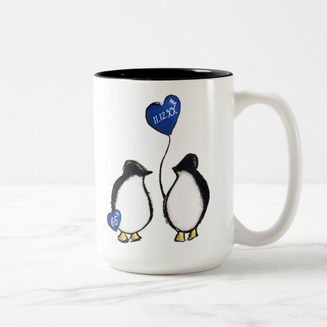 65th wedding anniversary penguin Two-Tone coffee mug (Right)