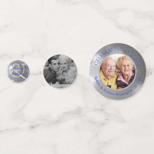 65th Wedding Anniversary Photo Blue Silver Confetti | Zazzle