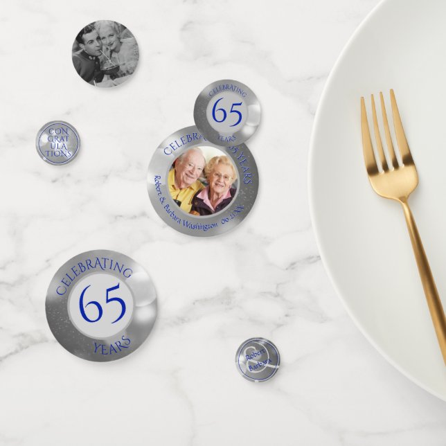 65th Wedding Anniversary Photo Blue Silver Confetti (Group)