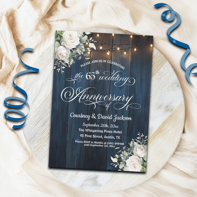 65th Wedding Anniversary Rustic Blue String Lights Invitation (Creator Uploaded)