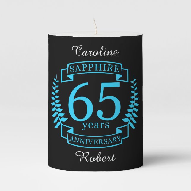 65th Wedding ANNIVERSARY SAPPHIRE Pillar Candle (Front)