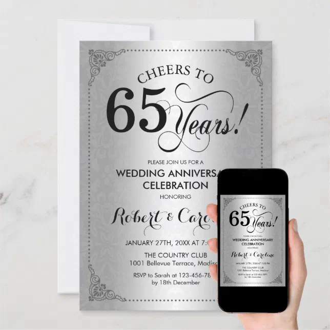 65th Wedding Anniversary - Silver Black Damask Invitation | Zazzle