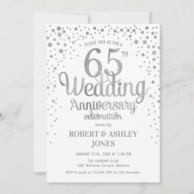 65th Wedding Anniversary - Silver & White Invitation (Front)