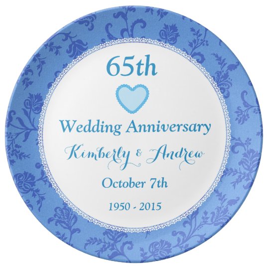 65th Wedding Anniversary Sky Blue Damask W65a Plate