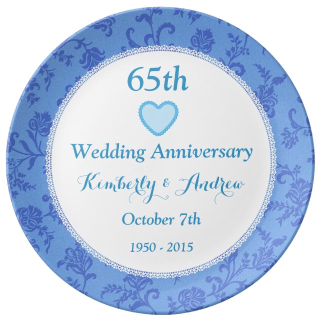 65th Wedding Anniversary SKY BLUE Damask W65A Plate (Front)