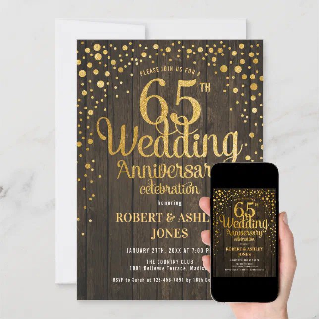 65th Wedding Anniversary - Wood & Gold Invitation | Zazzle