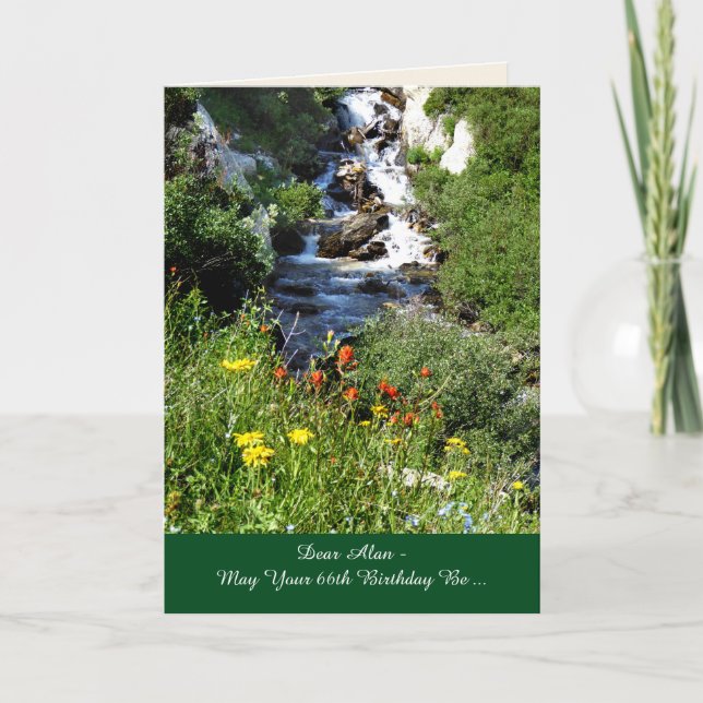 66th Birthday Adventure Waterfall Wildflowers Name Card (Front)