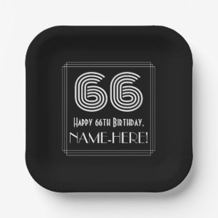 66th Birthday — Art Deco Inspired Look “66” + Name Paper Plates