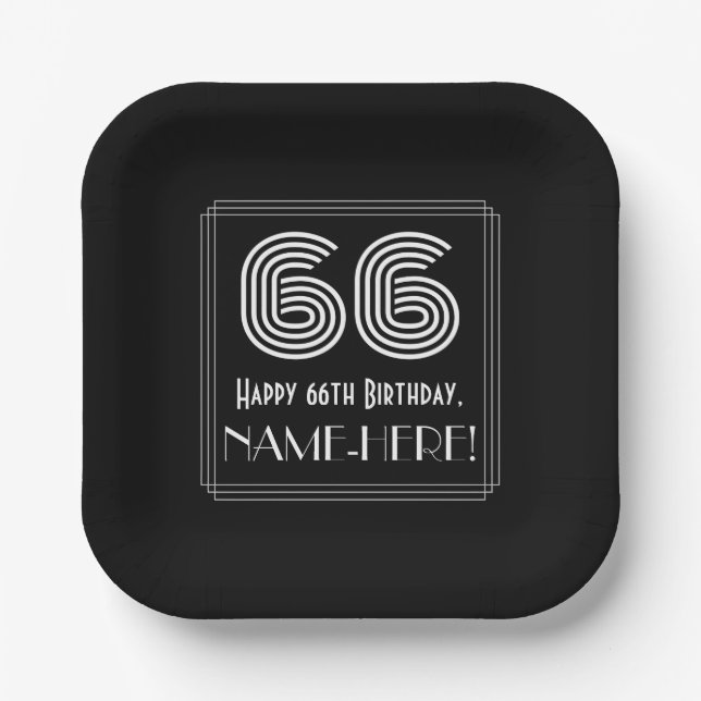 66th Birthday — Art Deco Inspired Look “66” + Name Paper Plates (Front)