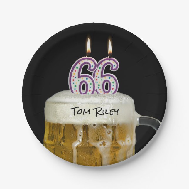 66th birthday beer with candles paper plates (Front)
