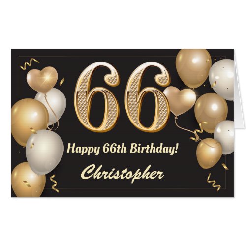 66th Birthday Black and Gold Balloons Extra Large Card