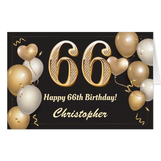 66th Birthday Black and Gold Balloons Extra Large Card (Front Horizontal)