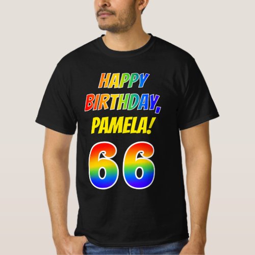 66th Birthday  Bold Fun Rainbow 66 Custom Name T_Shirt