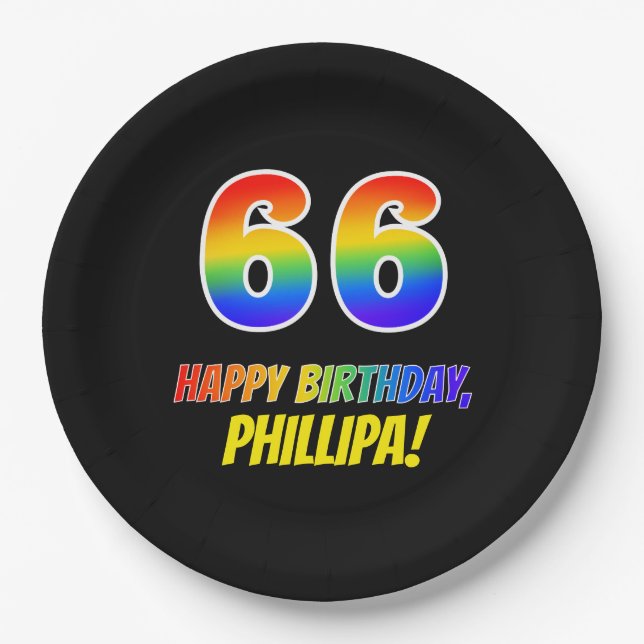66th Birthday: Bold, Fun, Simple, Rainbow 66 Paper Plates (Front)