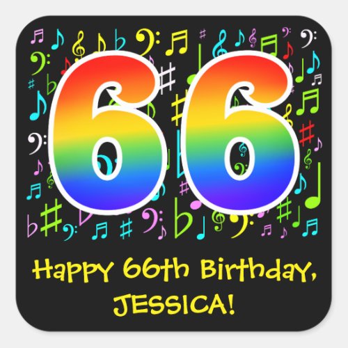 66th Birthday Colorful Music Symbols Rainbow 66 Square Sticker
