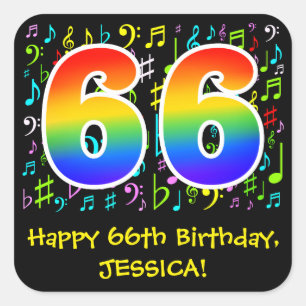 66th Birthday: Colorful Music Symbols, Rainbow 66 Square Sticker