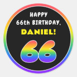 [ Thumbnail: 66th Birthday: Colorful Rainbow # 66, Custom Name Round Sticker ]