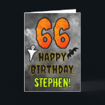 66th Birthday: Eerie Halloween Theme   Custom Name Card<br><div class="desc">The front of this spooky and scary Hallowe’en themed birthday greeting card design features a large number “66”. It also features the message “HAPPY BIRTHDAY, ”, plus a customizable name. There are also depictions of a ghost and a bat on the front. The inside features a custom birthday greeting message,...</div>