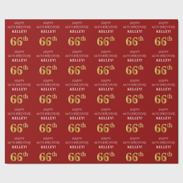66th Birthday: Elegant, Red, Faux Gold Look Wrapping Paper (Seam)