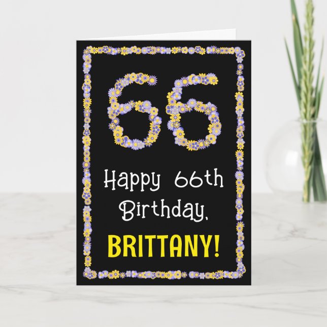 66th Birthday: Floral Flowers Number, Custom Name Card (Front)