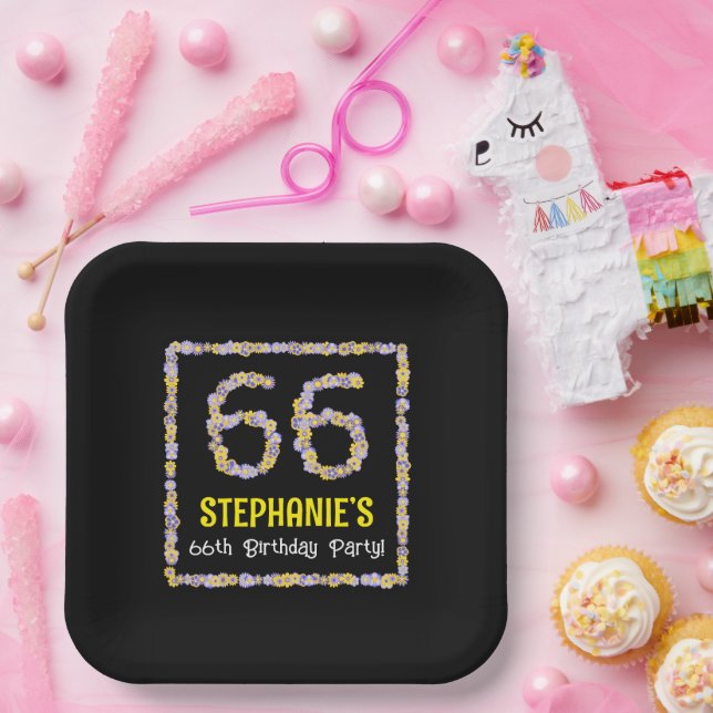 66th Birthday: Floral Flowers Number, Custom Name Paper Plates (Party)