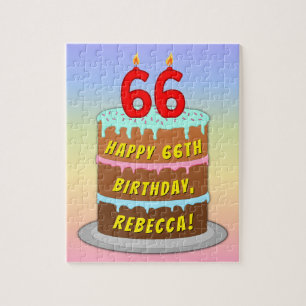 66th Birthday: Fun Cake and Candles + Custom Name Jigsaw Puzzle