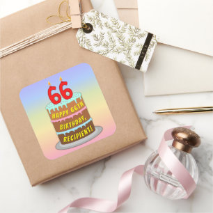66th Birthday: Fun Cake and Candles + Custom Name Square Sticker