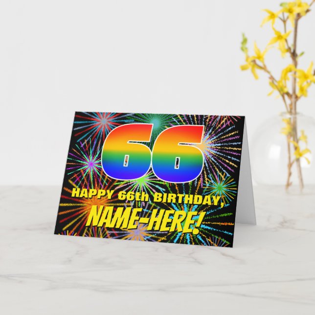 66th Birthday: Fun, Colorful Celebratory Fireworks Card (Yellow Flower)