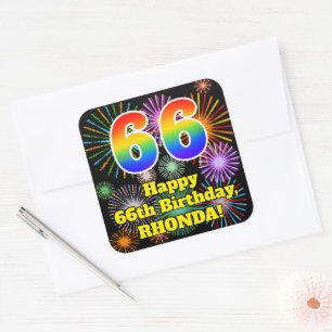 66th Birthday: Fun Fireworks Look, Rainbow # 66 Square Sticker